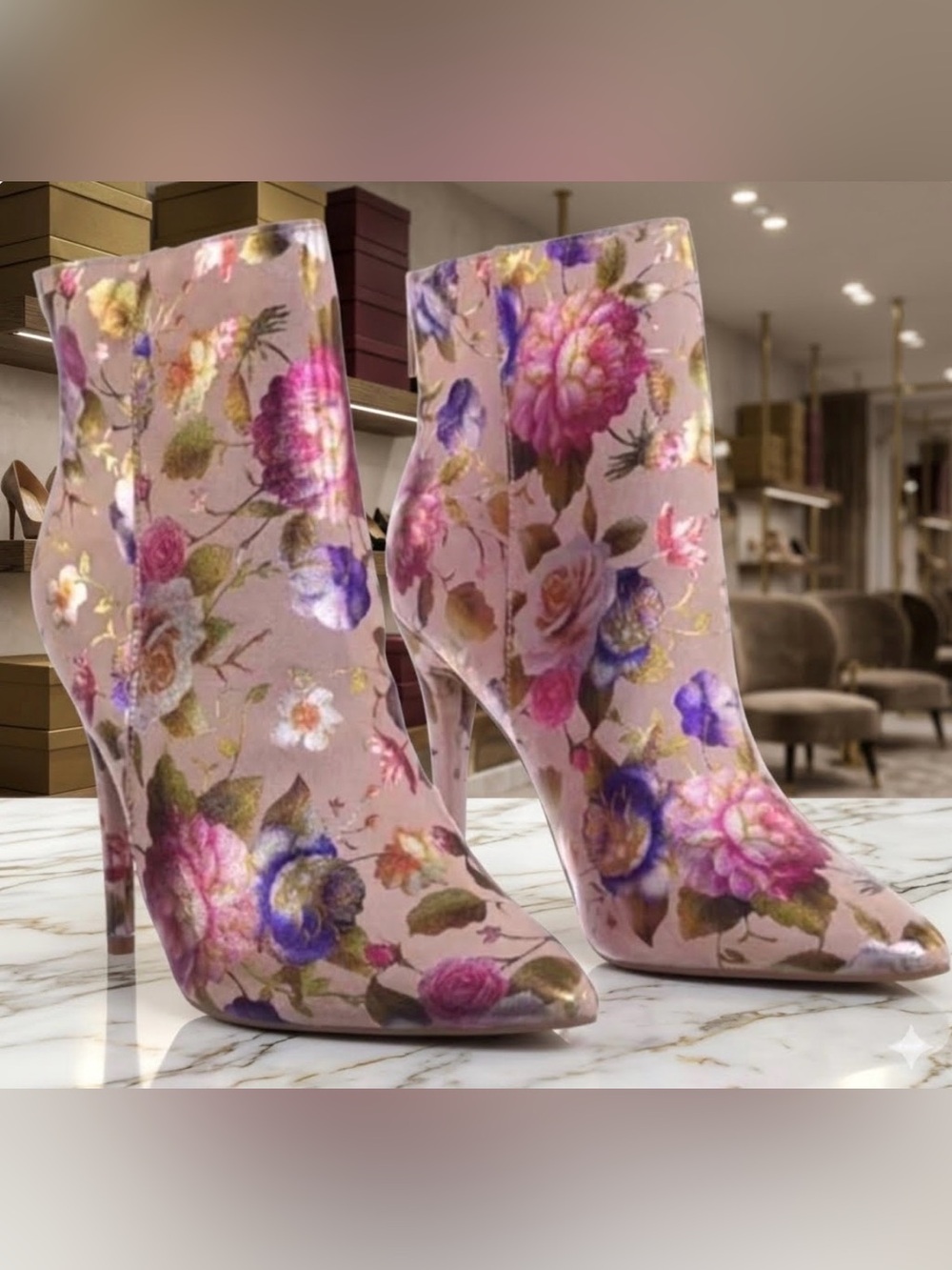 Anne Michelle Pink Floral Pointed Silhouette Jacquard Heeled Booties - Size 8